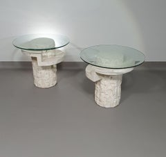 Vintage Mactan stone side tables with the original, faceted glass tops by Magnus
