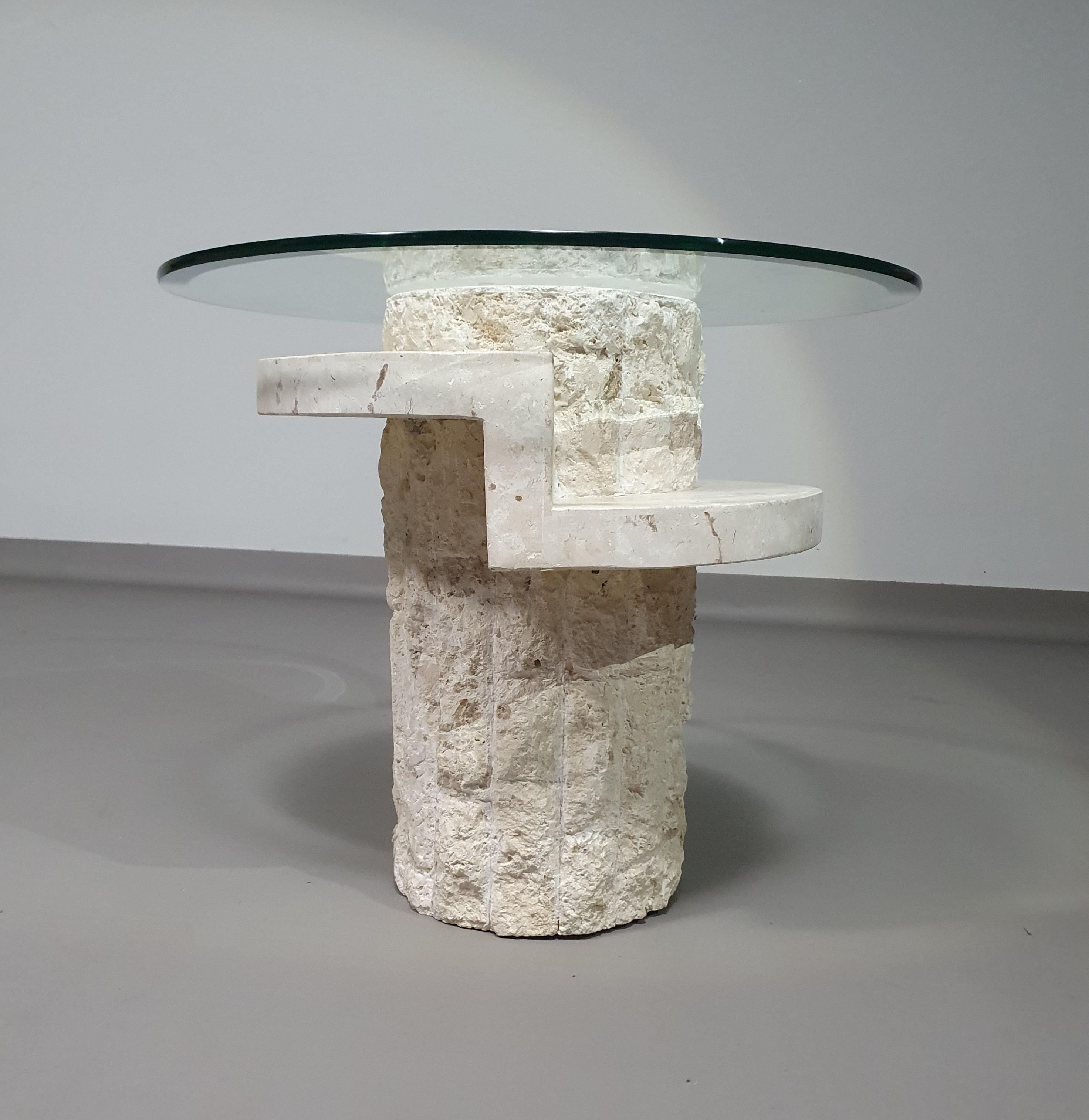 Post-Modern Vintage Mactan stone side tables with the original, faceted glass tops by Magnus For Sale