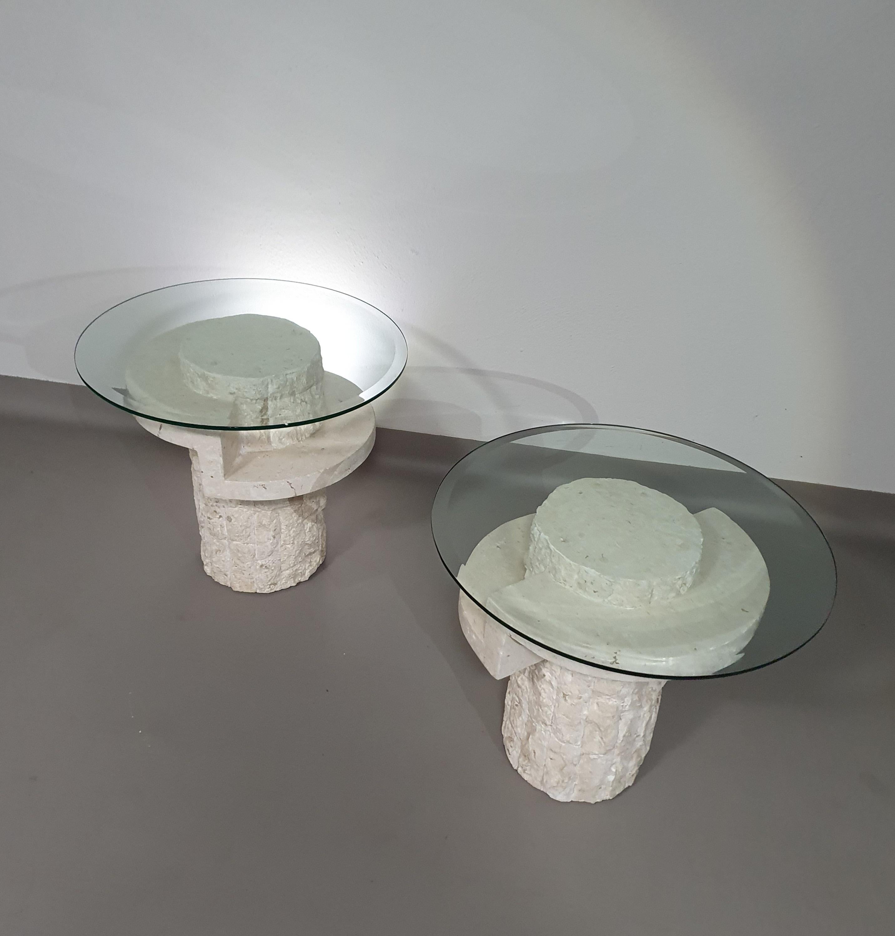 Late 20th Century Vintage Mactan stone side tables with the original, faceted glass tops by Magnus For Sale