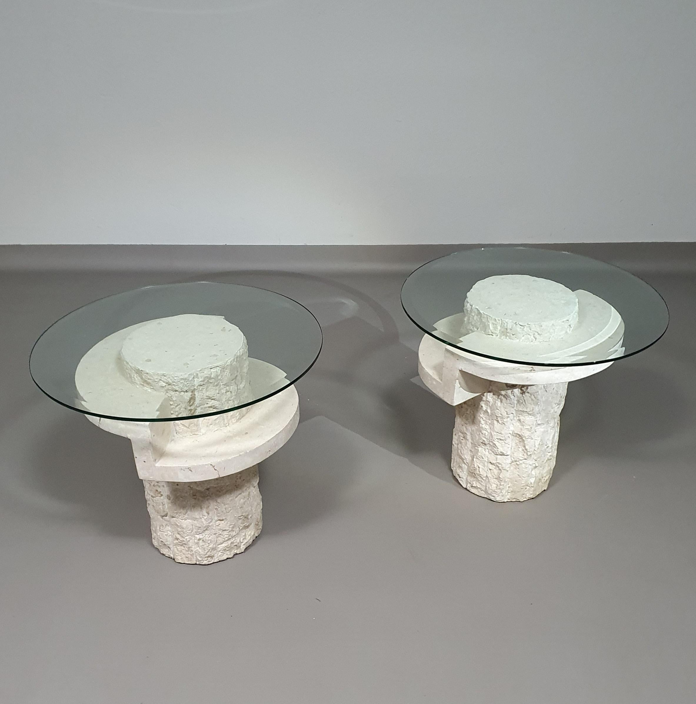 Stone Vintage Mactan stone side tables with the original, faceted glass tops by Magnus For Sale