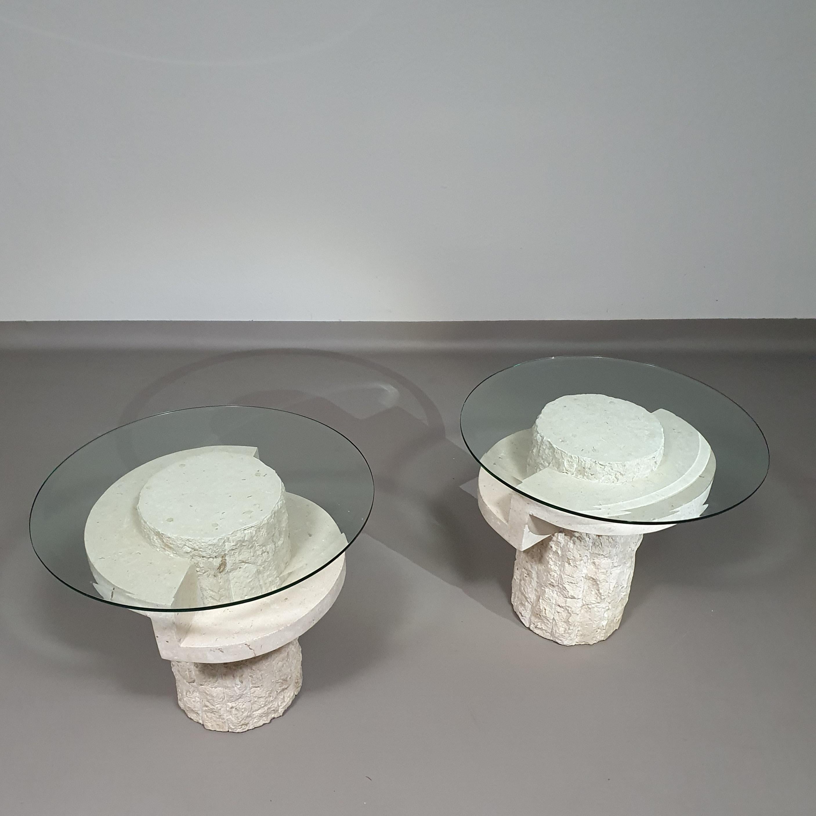 Vintage Mactan stone side tables with the original, faceted glass tops by Magnus For Sale 1