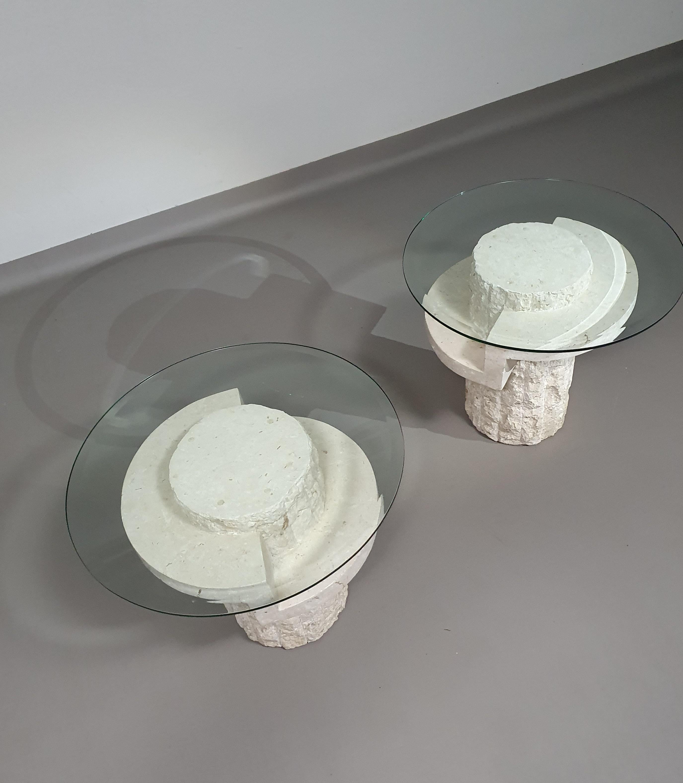 Vintage Mactan stone side tables with the original, faceted glass tops by Magnus For Sale 2