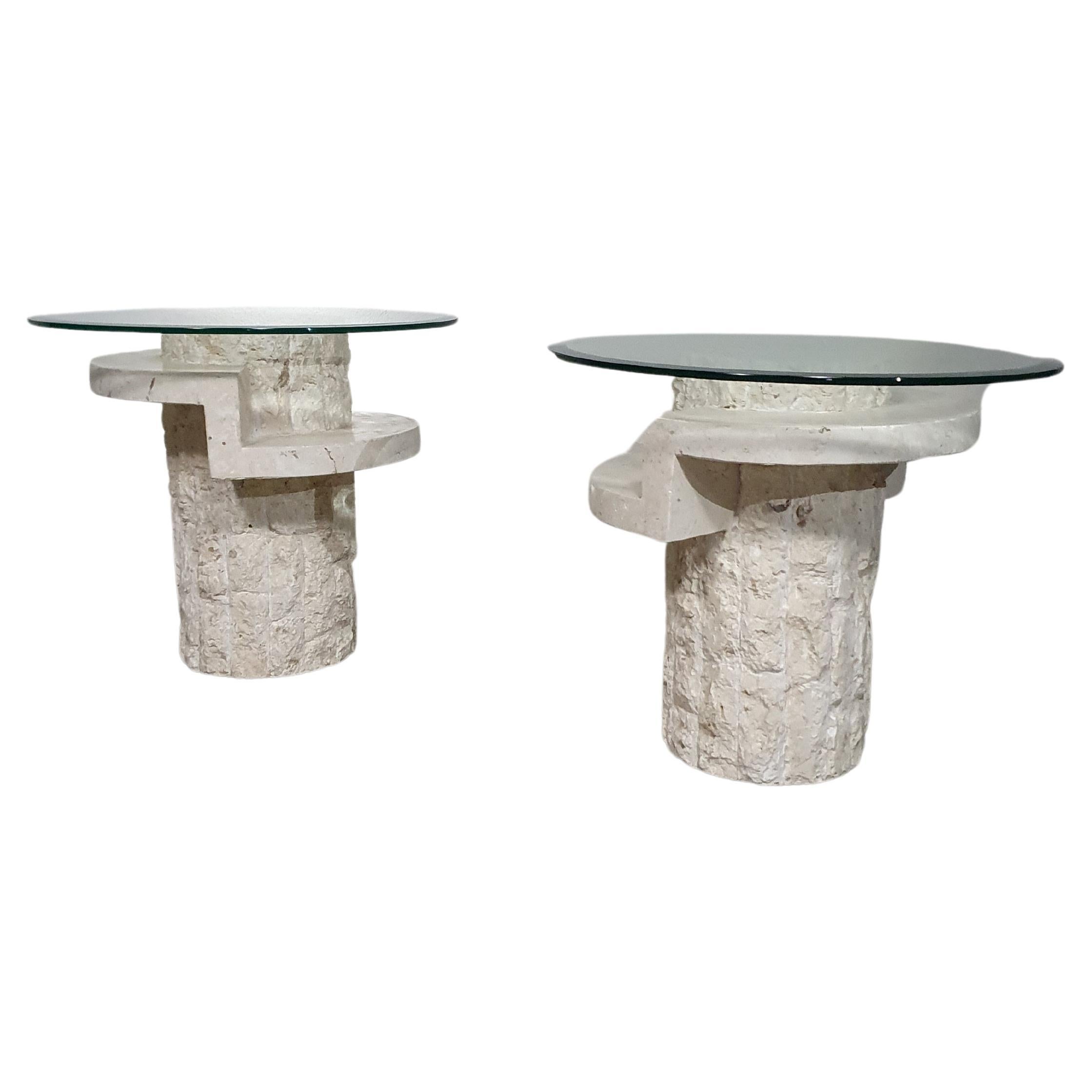 Vintage Mactan stone side tables with the original, faceted glass tops by Magnus For Sale
