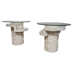 Vintage Mactan stone side tables with the original, faceted glass tops by Magnus
