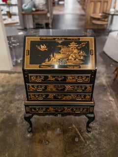 Vintage Maddox Chinoiserie, Black Lacquer, Slant-Front Writing Desk