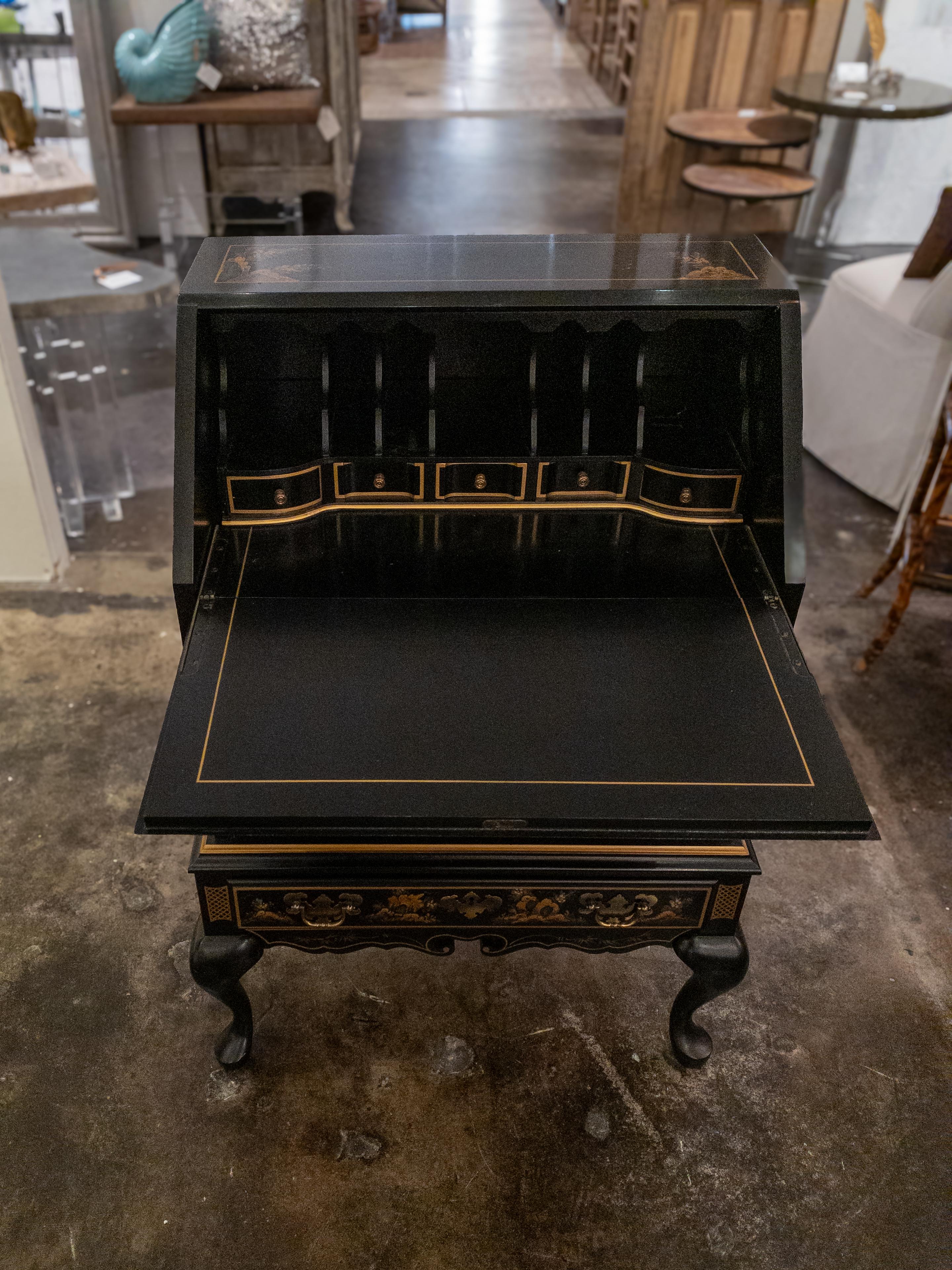 20th Century Vintage Maddox Chinoiserie, Black Lacquer, Slant-Front Writing Desk
