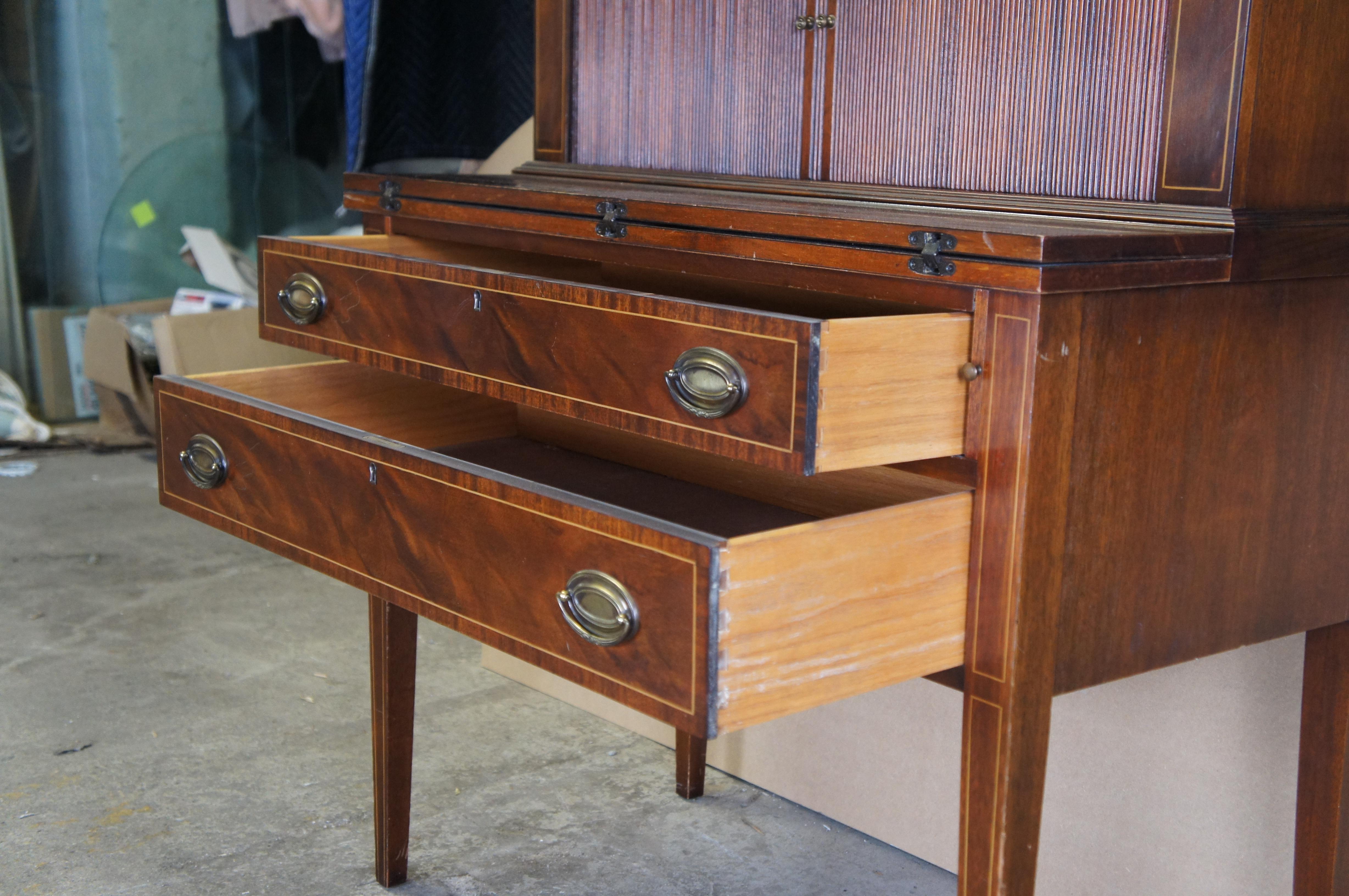 Glass Vintage Maddox Hepplewhite Style Mahogany Tambour Secretary Desk & Bookcase For Sale