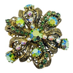 Vintage MADE IN AUSTRIA gold tone aurora green glass earrings brooch set