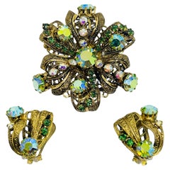 Vintage MADE IN AUSTRIA gold tone aurora green glass earrings brooch set