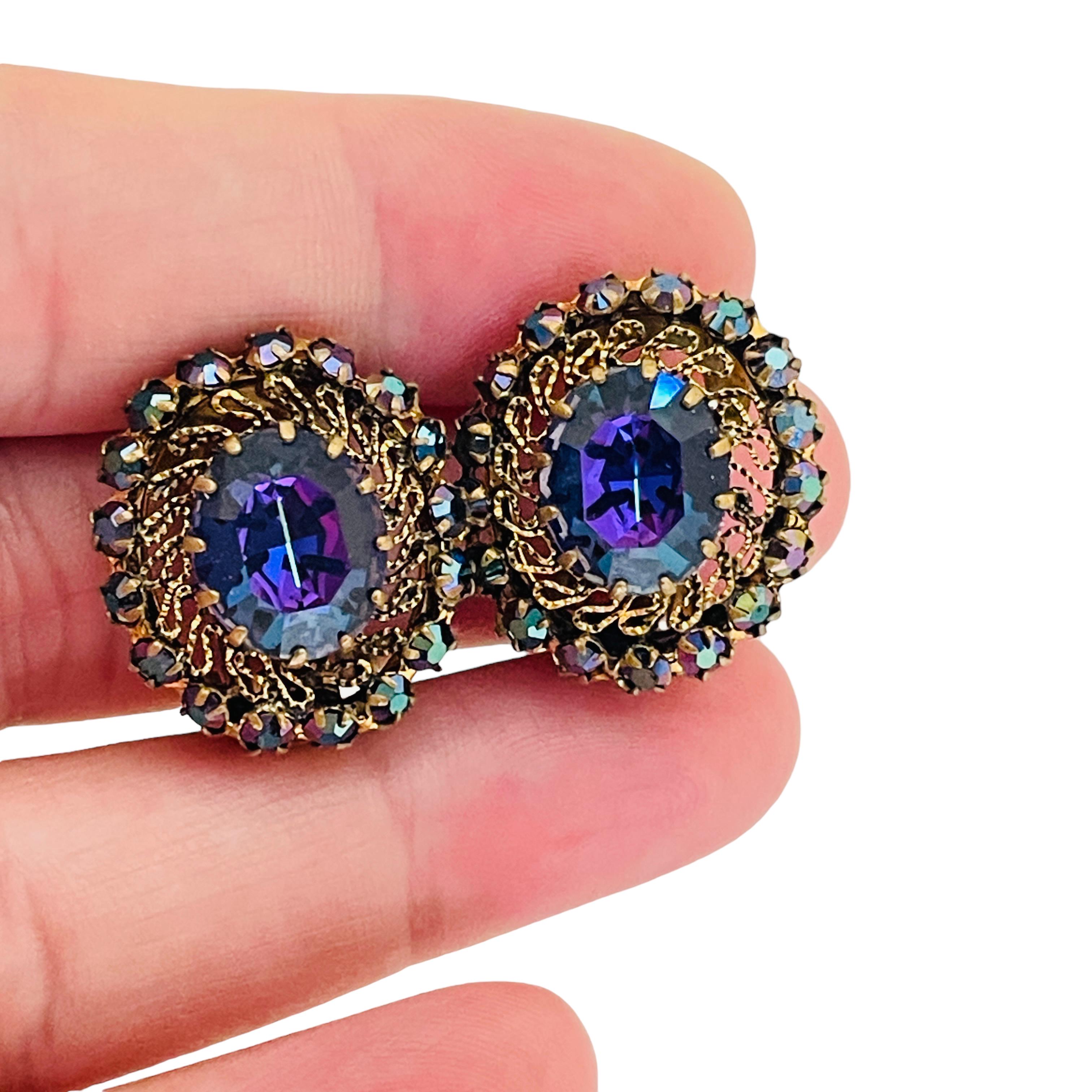 da uomo o donna Orecchini a clip d'epoca Made in AUSTRIA in vetro blu ab tonalità oro in vendita