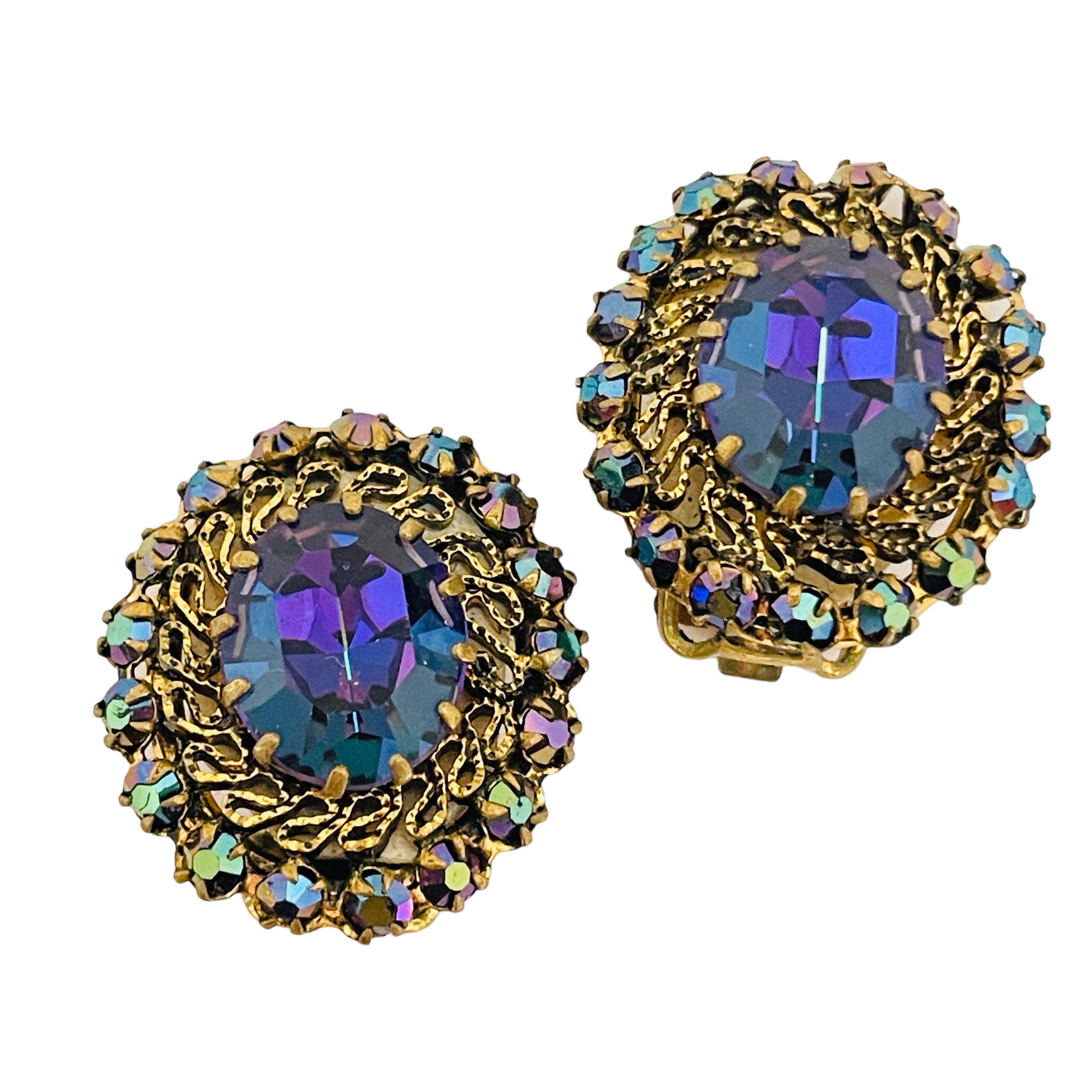 Orecchini a clip d
epoca Made in AUSTRIA in vetro blu ab tonalità oro in vendita