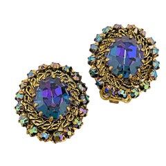 Vintage Made in AUSTRIA gold tone blue ab glass designer clip on earrings