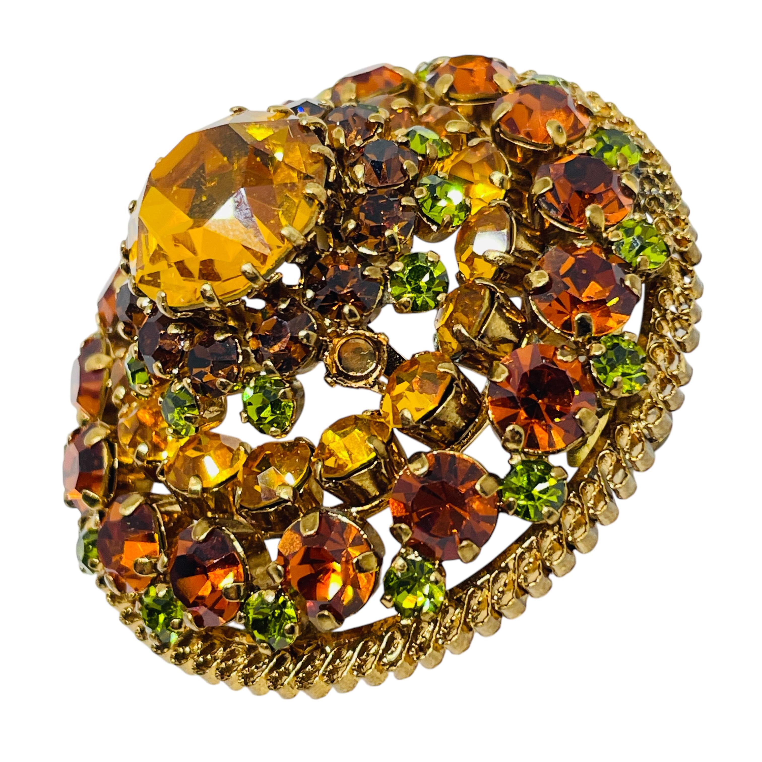 Vintage MADE IN AUSTRIA signed gold glass stones brooch earrings set In Good Condition For Sale In Palos Hills, IL