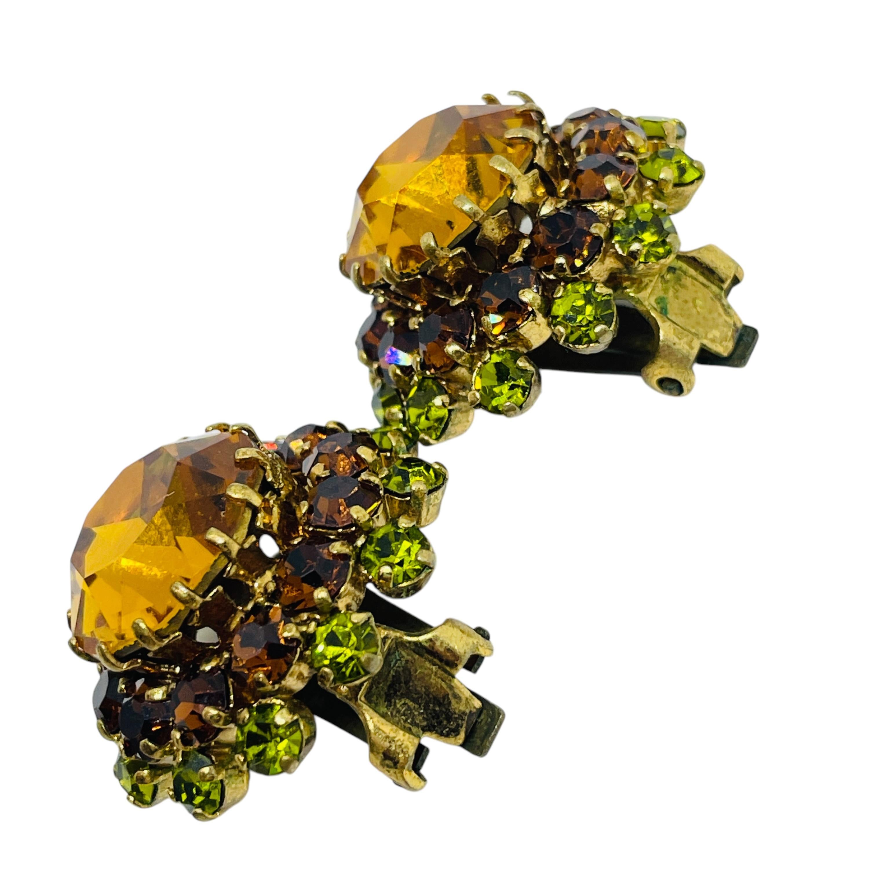 Vintage MADE IN AUSTRIA signed gold glass stones brooch earrings set For Sale 2