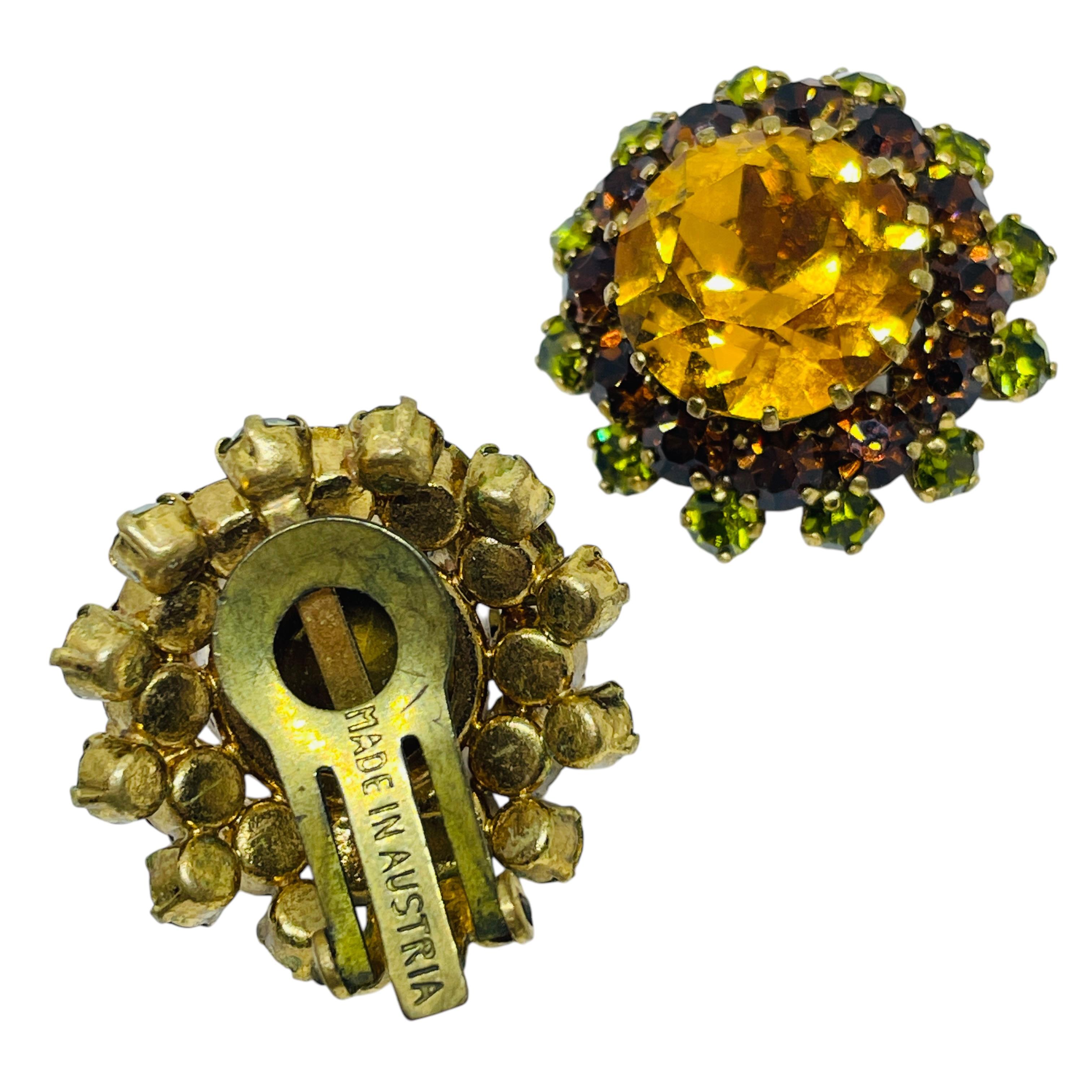 Vintage MADE IN AUSTRIA signed gold glass stones brooch earrings set For Sale 3