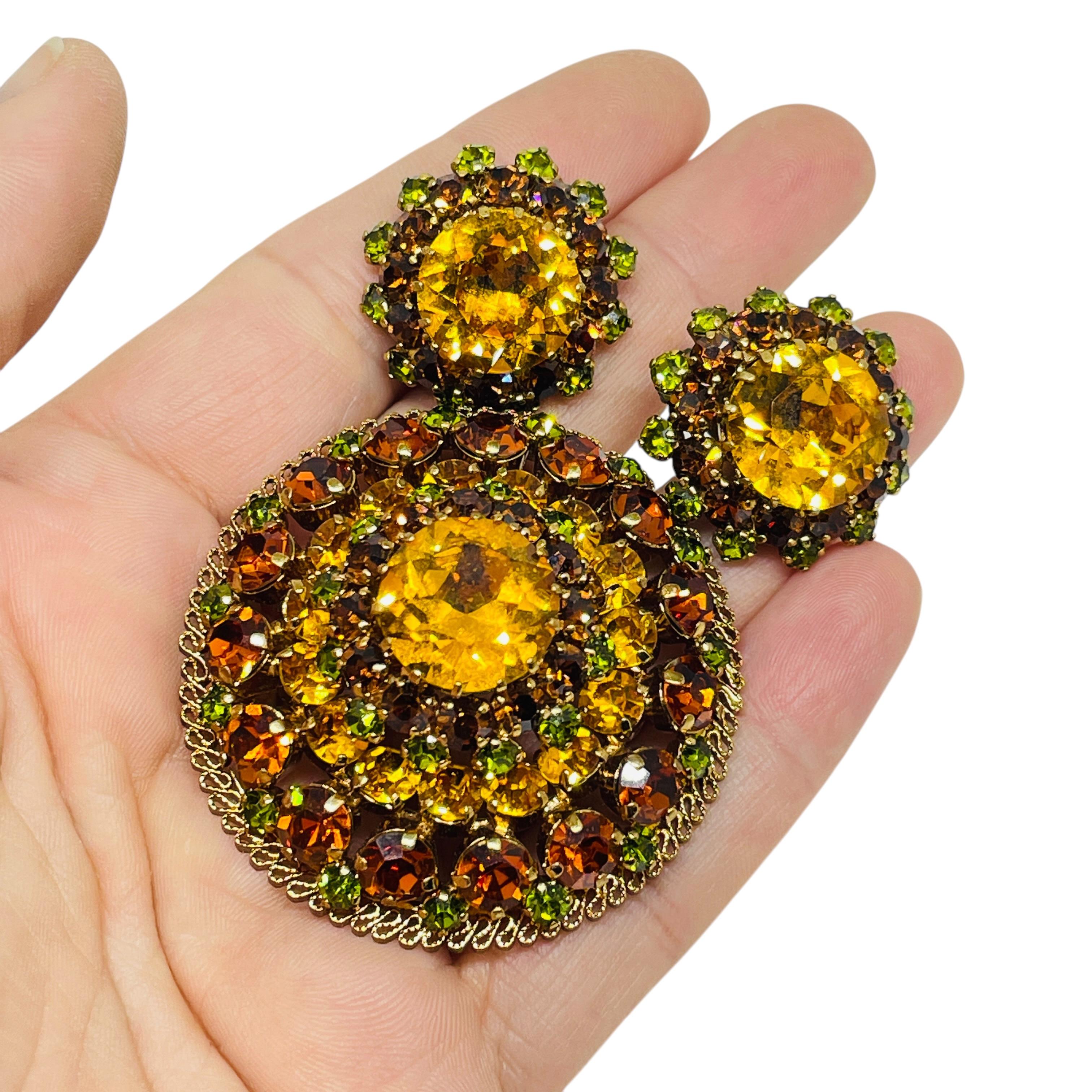 Vintage MADE IN AUSTRIA signed gold glass stones brooch earrings set For Sale 4