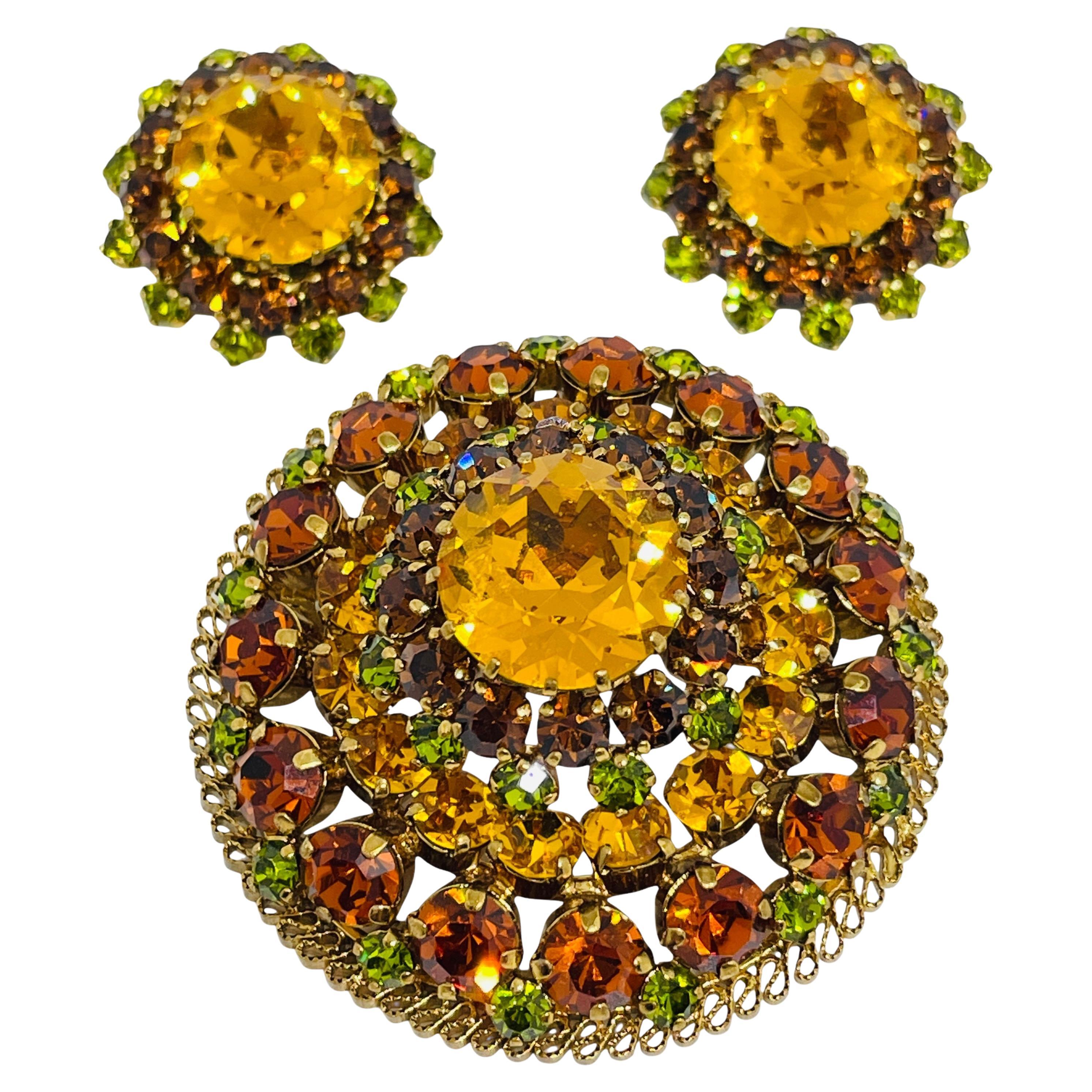 Vintage MADE IN AUSTRIA firmato oro pietre di vetro spilla orecchini set