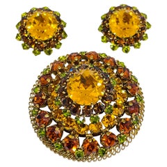 Vintage MADE IN AUSTRIA signed gold glass stones brooch earrings set