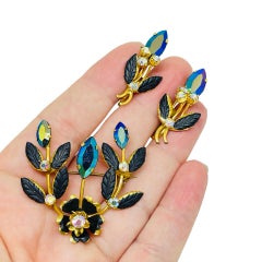 Vintage Made in Austria signed gold tone enamel rhinestones brooch earrings set