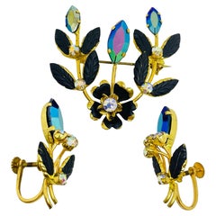 Vintage Made in Austria signed gold tone enamel rhinestones brooch earrings set