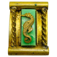 Vintage MADE IN FRANCE tone seahorse green glass designer fur clip