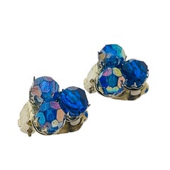 Vintage Made in GERMANY silver tone blue ab glass designer clip on earrings