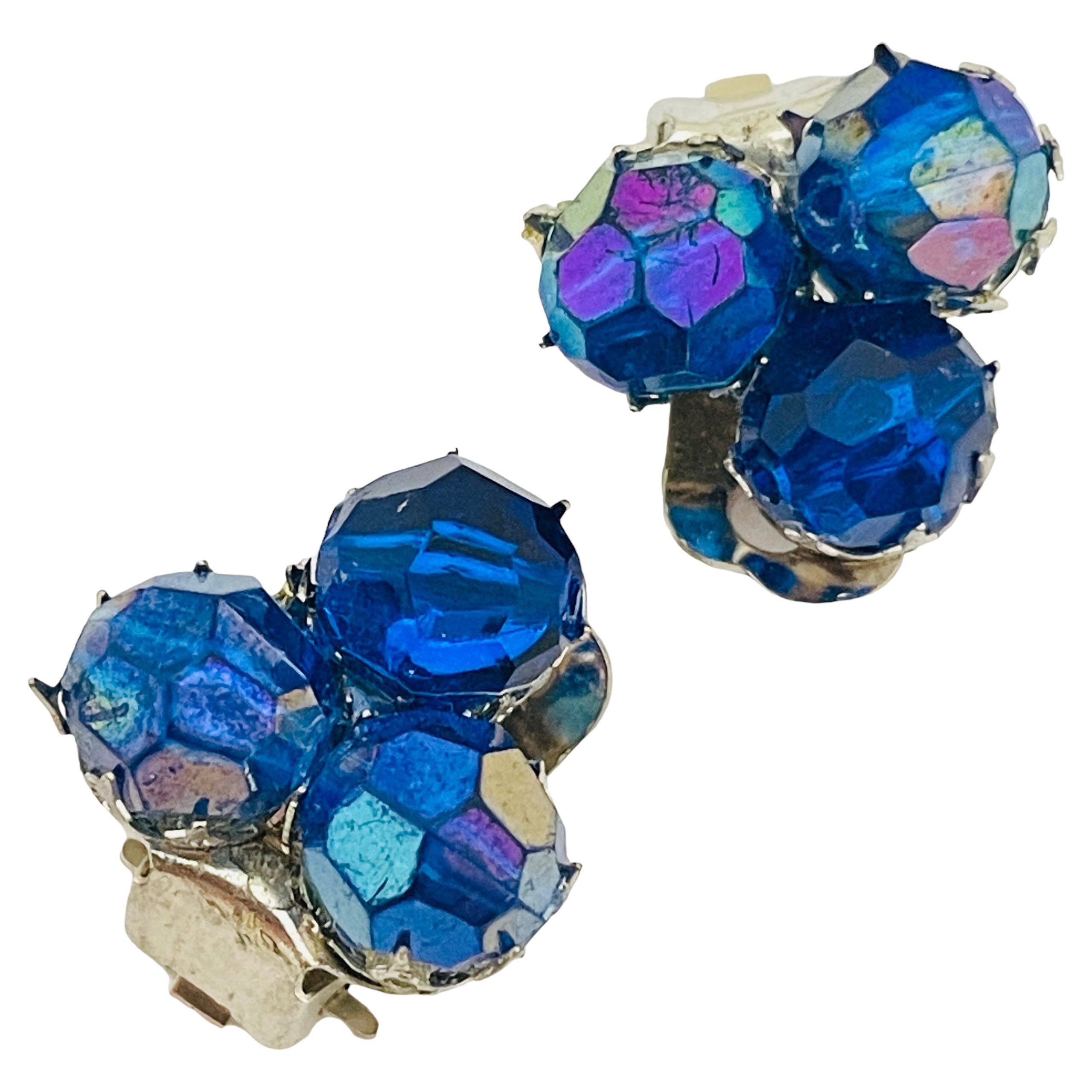 Vintage Made in GERMANY orecchini a clip di design in vetro blu ab argentato