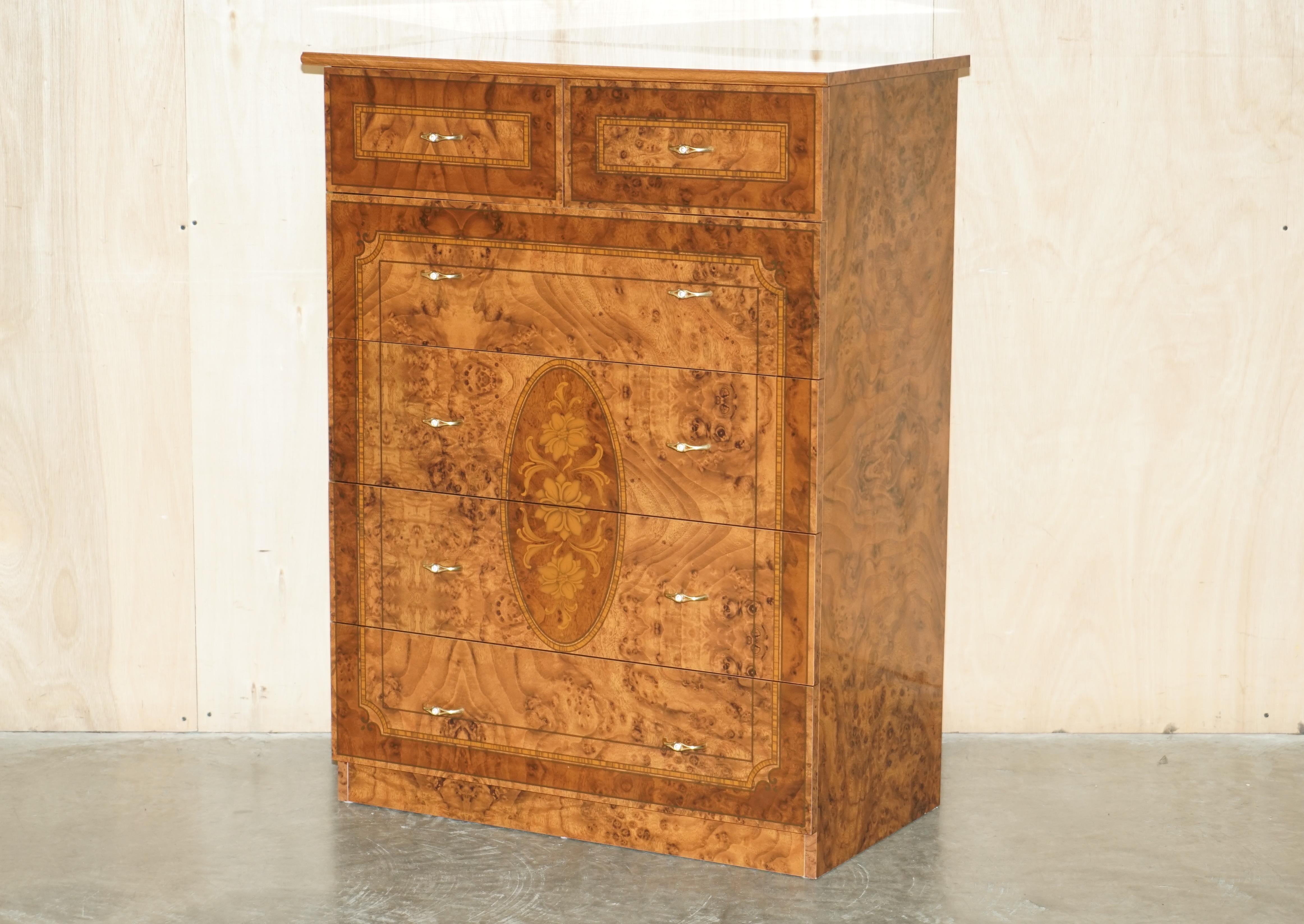 Royal House Antiques

Royal House Antiques is delighted to offer for sale this vintage made in Italy Burr Walnut veneer chest of drawers which is part of a suite

Please note the delivery fee listed is just a guide, it covers within the M25 only for