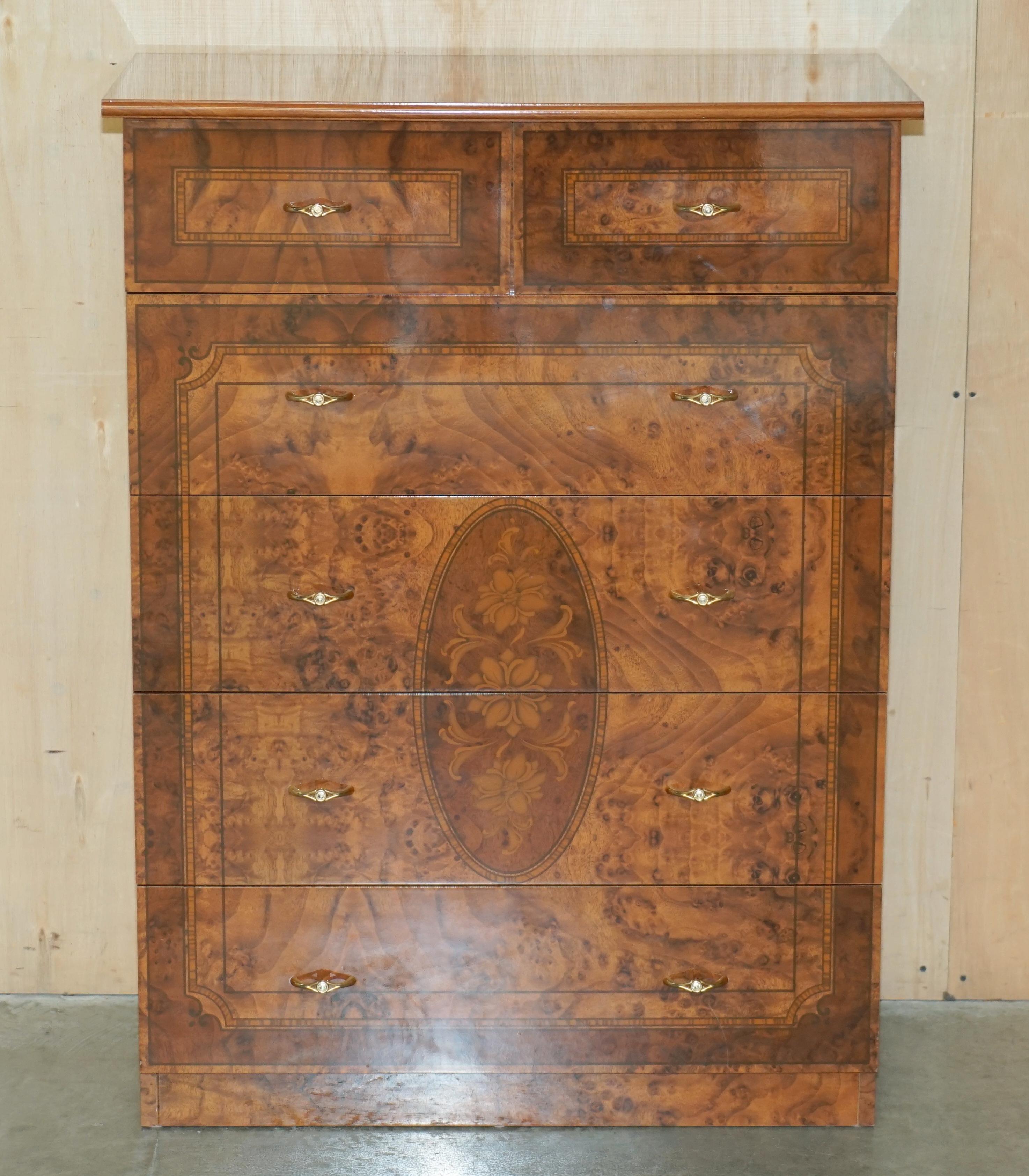 Art Deco VINTAGE MADE IN ITALY BURR WALNUT VENEER CHEST OF DRAWERS PART OF A SUiTE For Sale