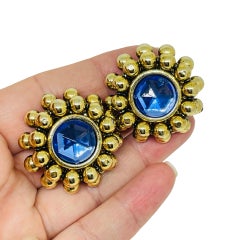 Vintage Made in ITALY Gold Ton blau Glas Designer Clip auf Ohrringe