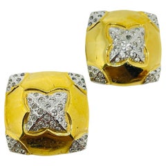Vintage Made in ITALY signed gold plated rhinestones designer clip on earrings