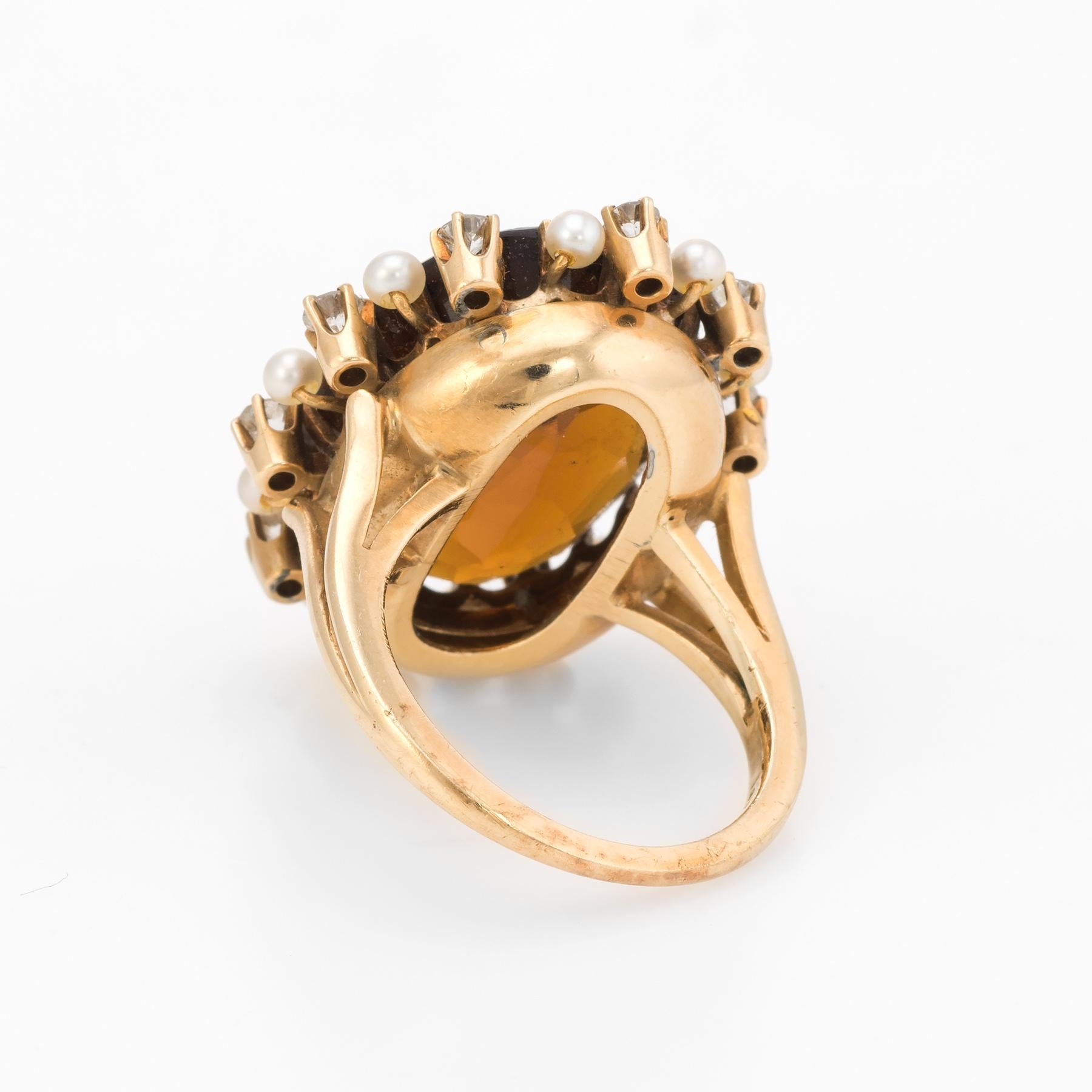 Vintage Madeira Citrine Mine Diamond Pearl Cocktail Ring 14k Gold Estate Fine In Good Condition In Torrance, CA