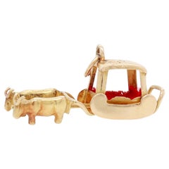 Vintage Madéira Souvenir Or 18k Charm Figural avec un bœuf tirant un traîneau