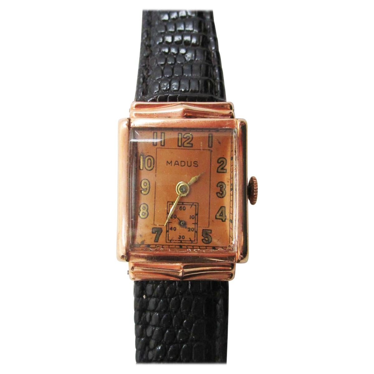 Vintage Madus 14 Karat Rose Gold Watch with Lizard Strap