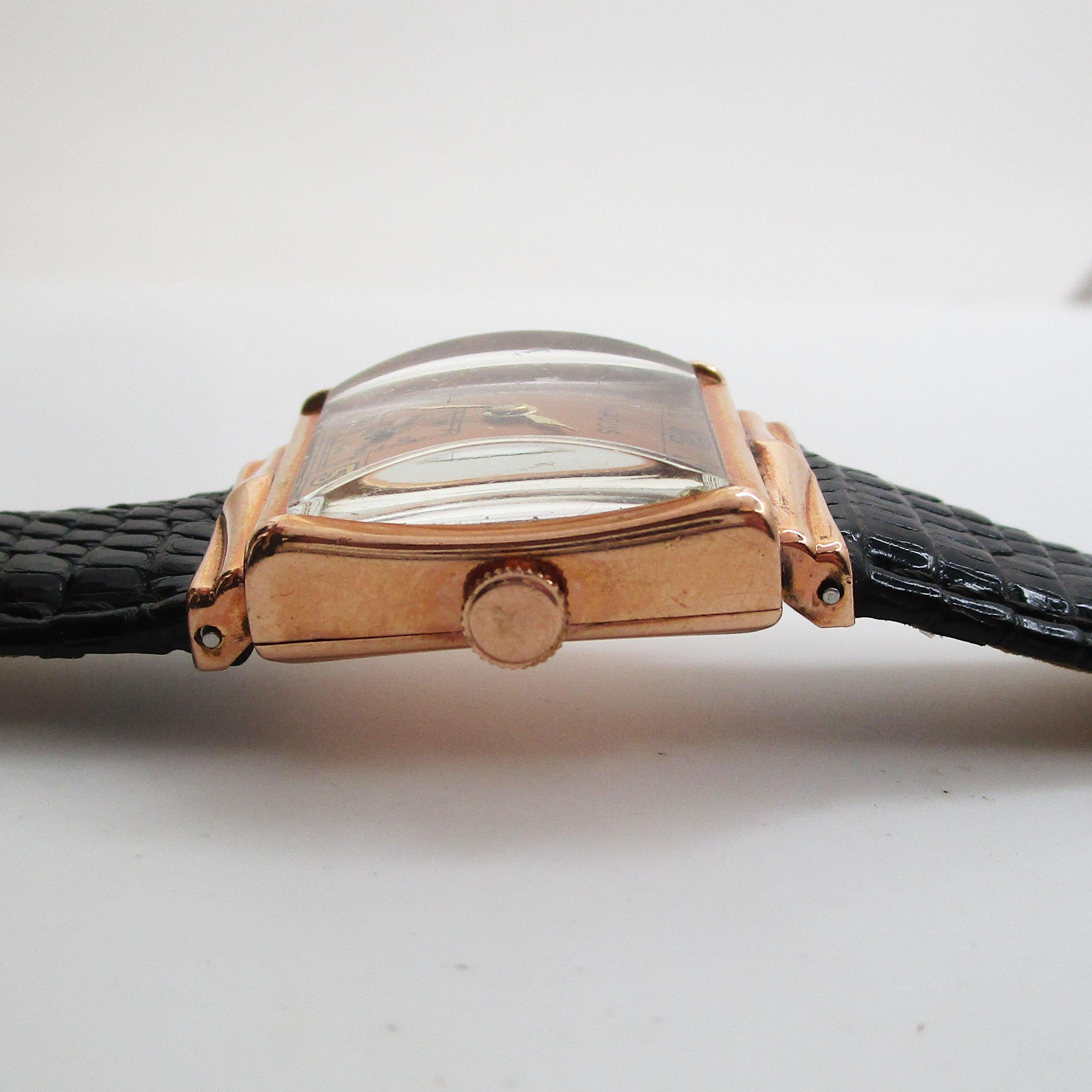 Women's or Men's Vintage Madus 14 Karat Rose Gold Watch with Lizard Strap
