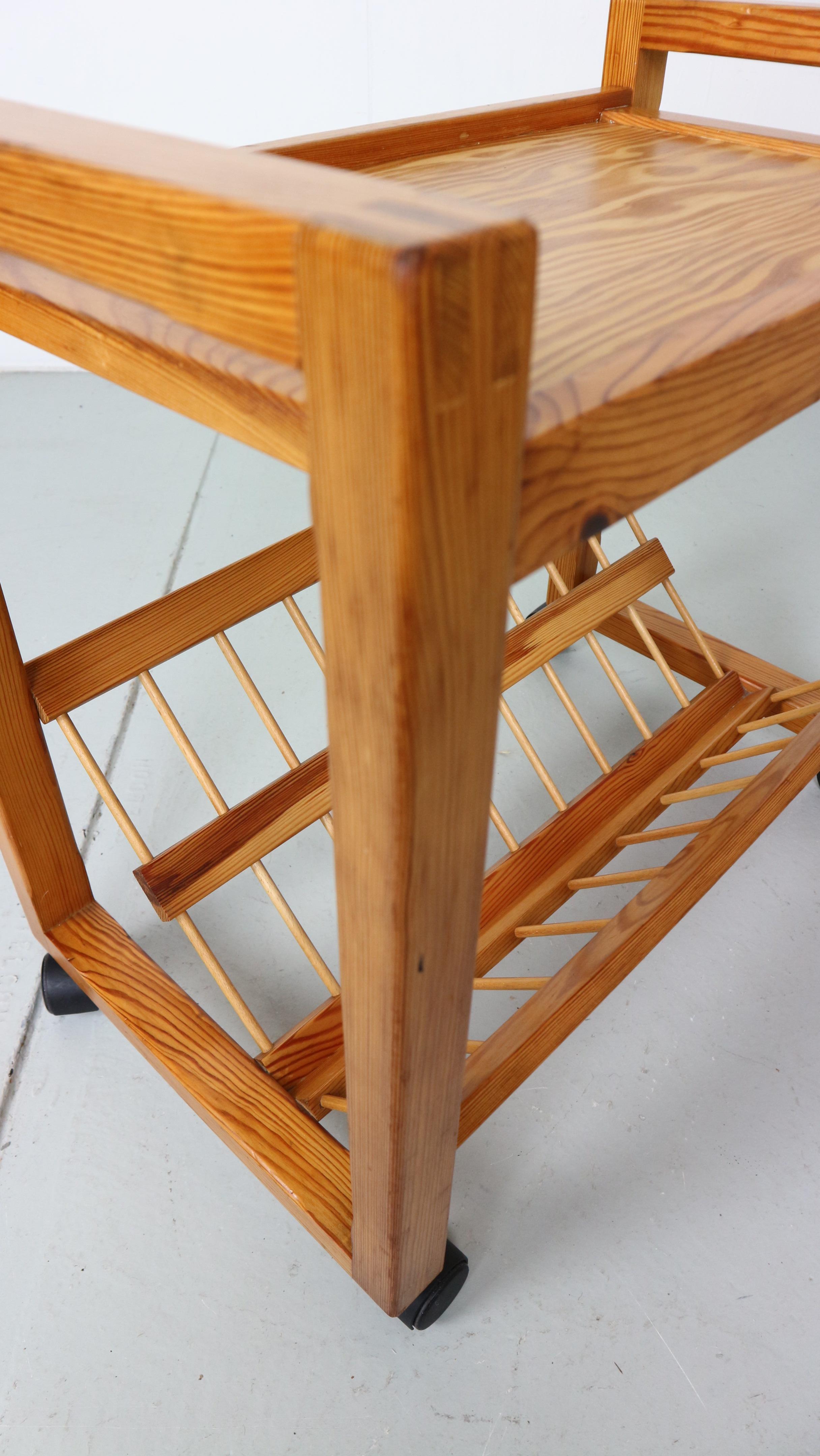 Mid-Century Modern vintage magazine and serving cart made of pine 1970s For Sale