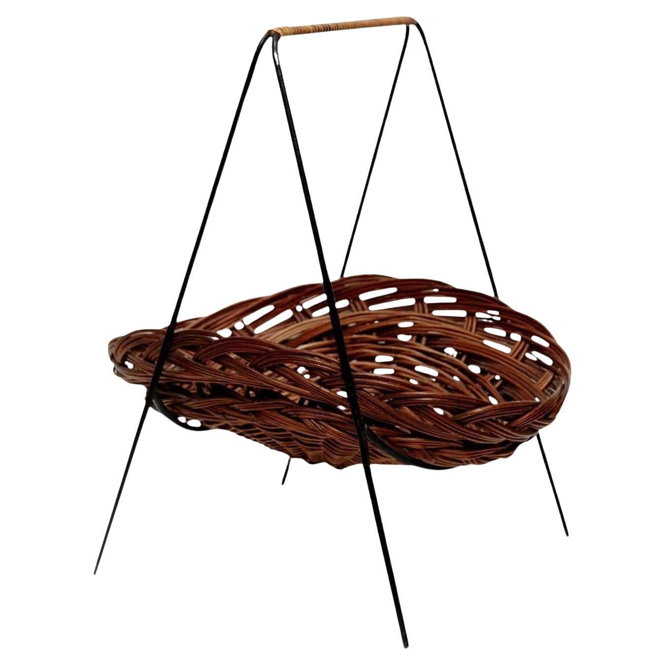 Portariviste vintage - Ferro laccato nero e rattan, Francia 1960