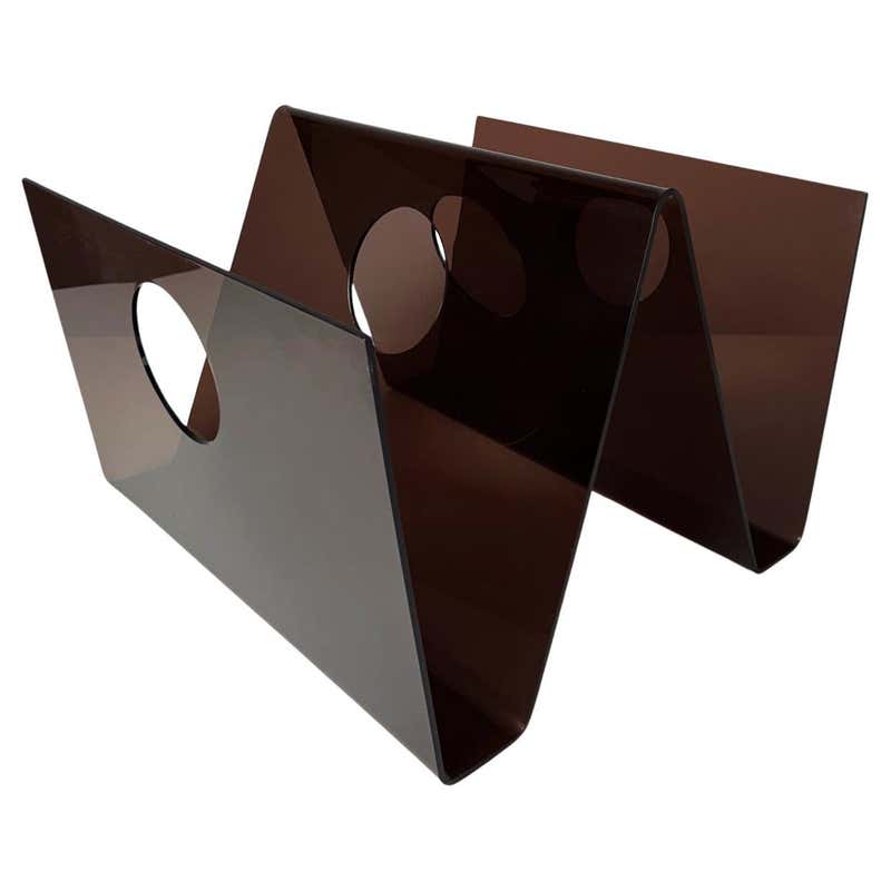 Michel Dumas Smoked Acrylic Magazine Rack Lucite Chrome 1970s Roche ...