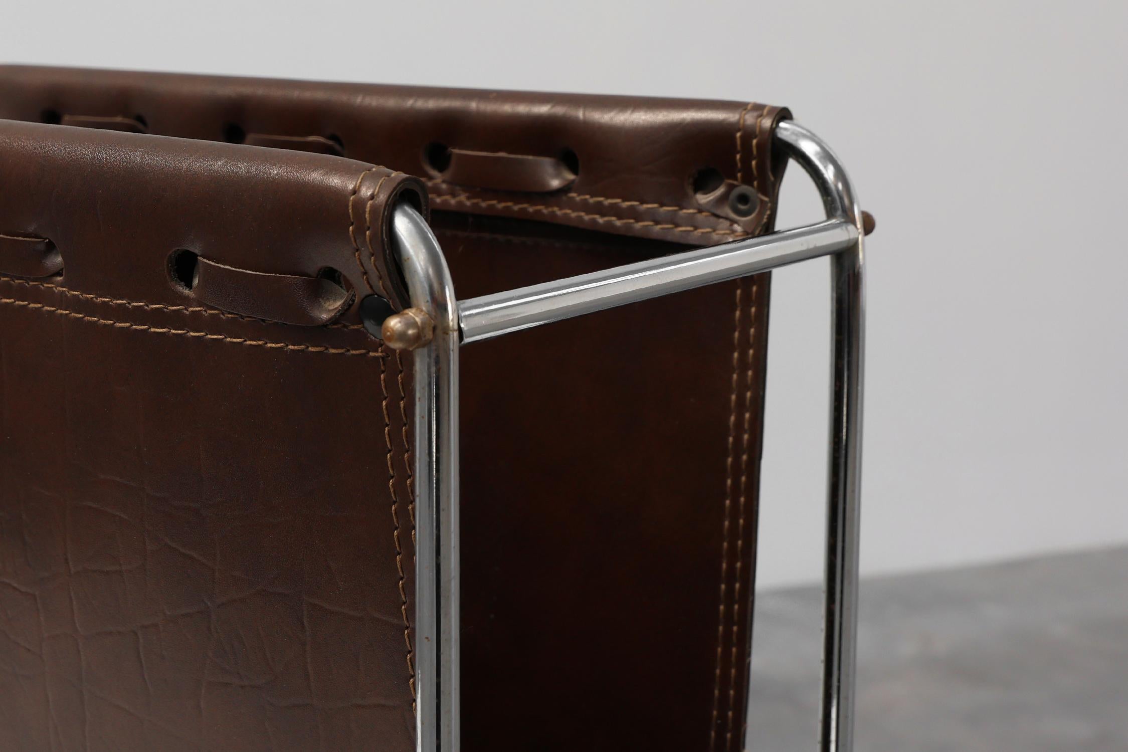 Faux Leather Vintage Magazine rack in chrome and faux leather, France 1960s For Sale