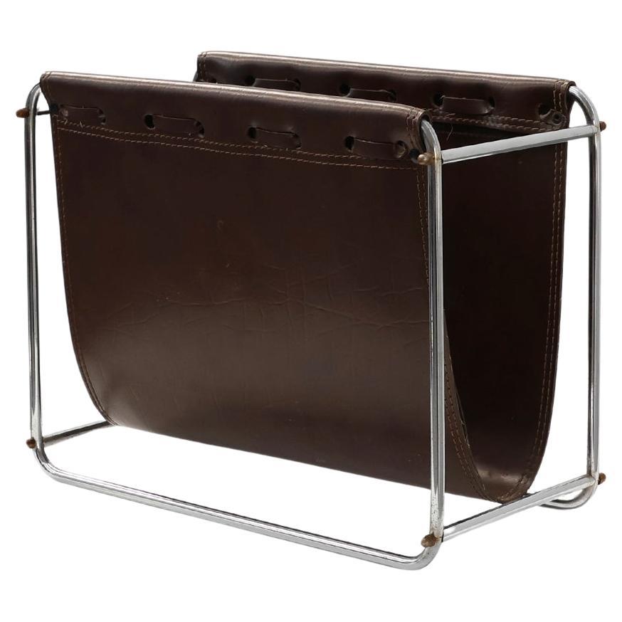 Vintage Magazine rack in chrome and faux leather, France 1960s For Sale