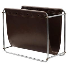 Vintage Magazine rack in chrome and faux leather, France 1960s
