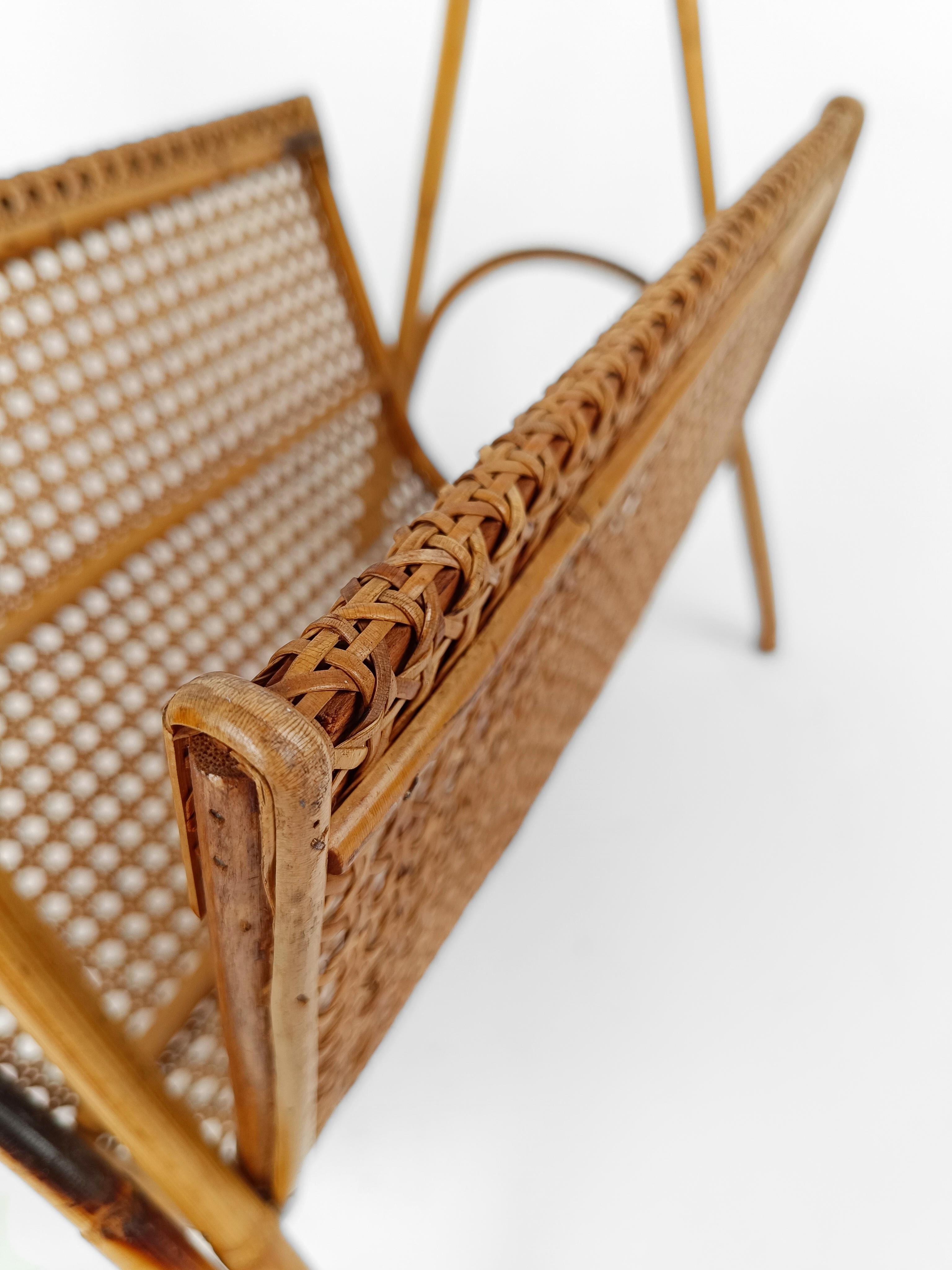 Mid-Century Modern Vintage Magazine Rack in Wicker, Bamboo, Rattan and Cane, Italy 1960s  For Sale