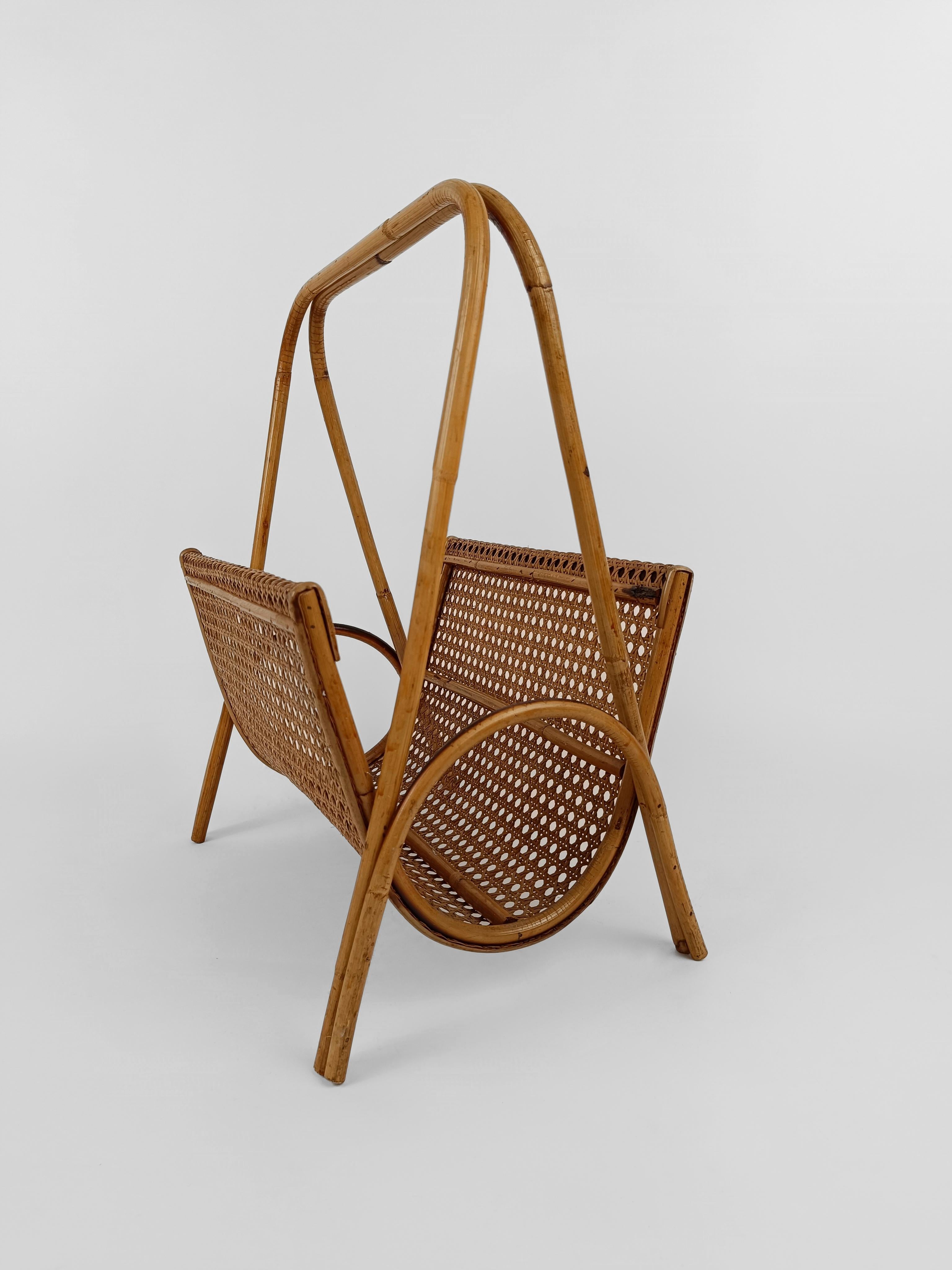 Italian Vintage Magazine Rack in Wicker, Bamboo, Rattan and Cane, Italy 1960s  For Sale
