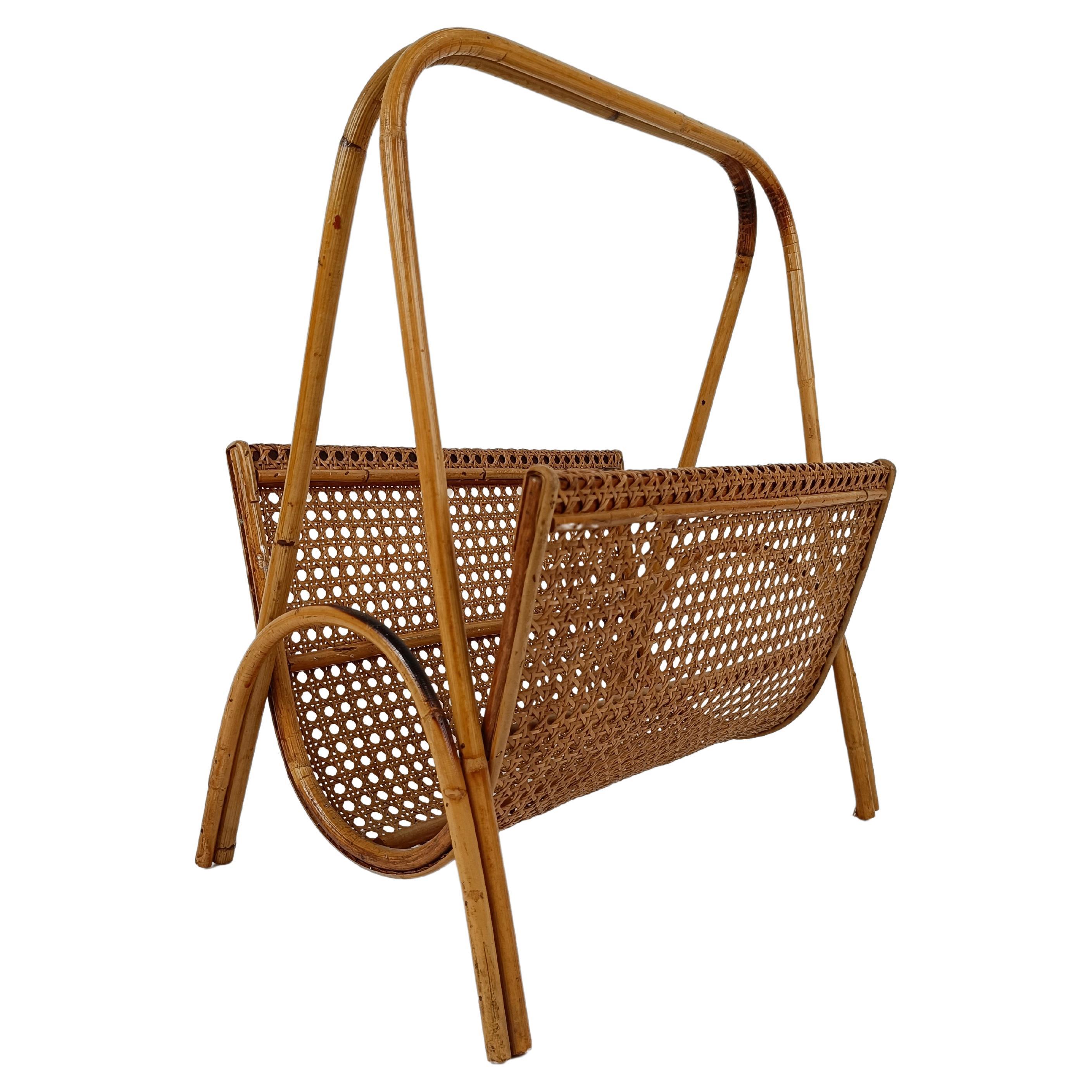 Vintage Magazine Rack in Wicker, Bamboo, Rattan and Cane, Italy 1960s  For Sale
