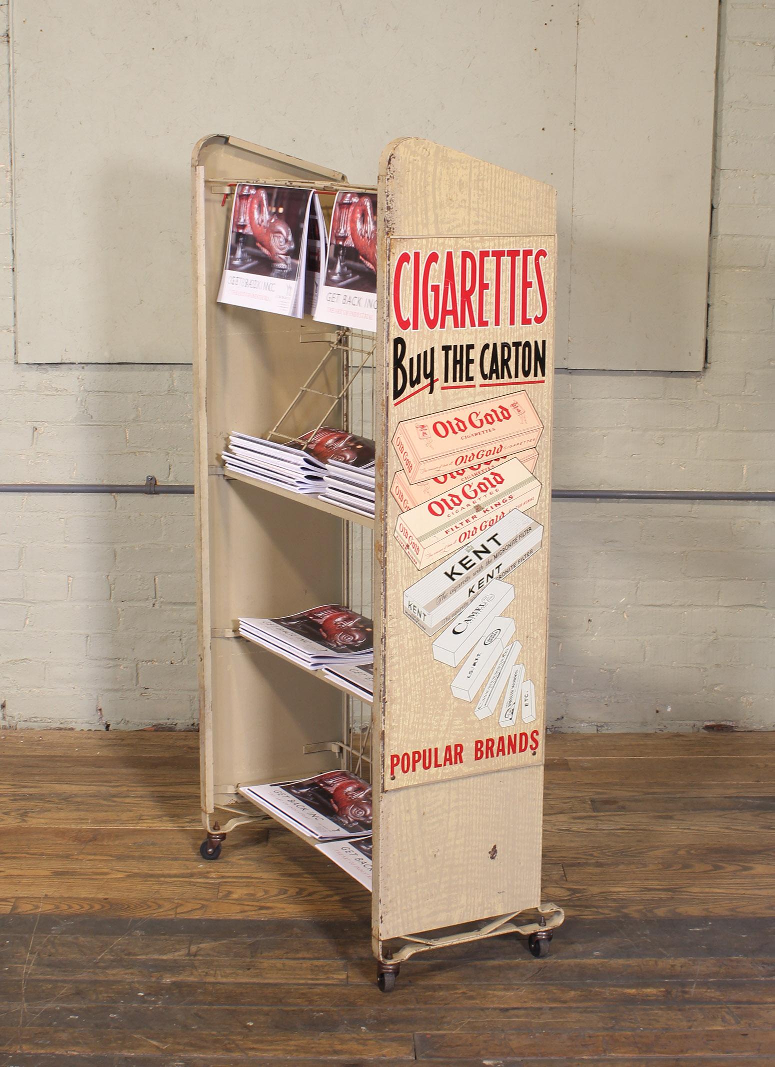 Industrial Vintage Magazine Rolling Rack Newspaper Stand with Tobacco Advertisement