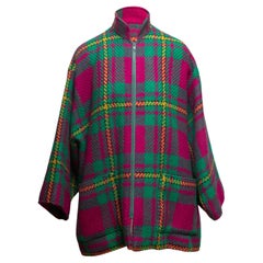 Vintage Magenta & Multicolor Oscar de la Renta 1991 Wool Plaid Coat Size US 10