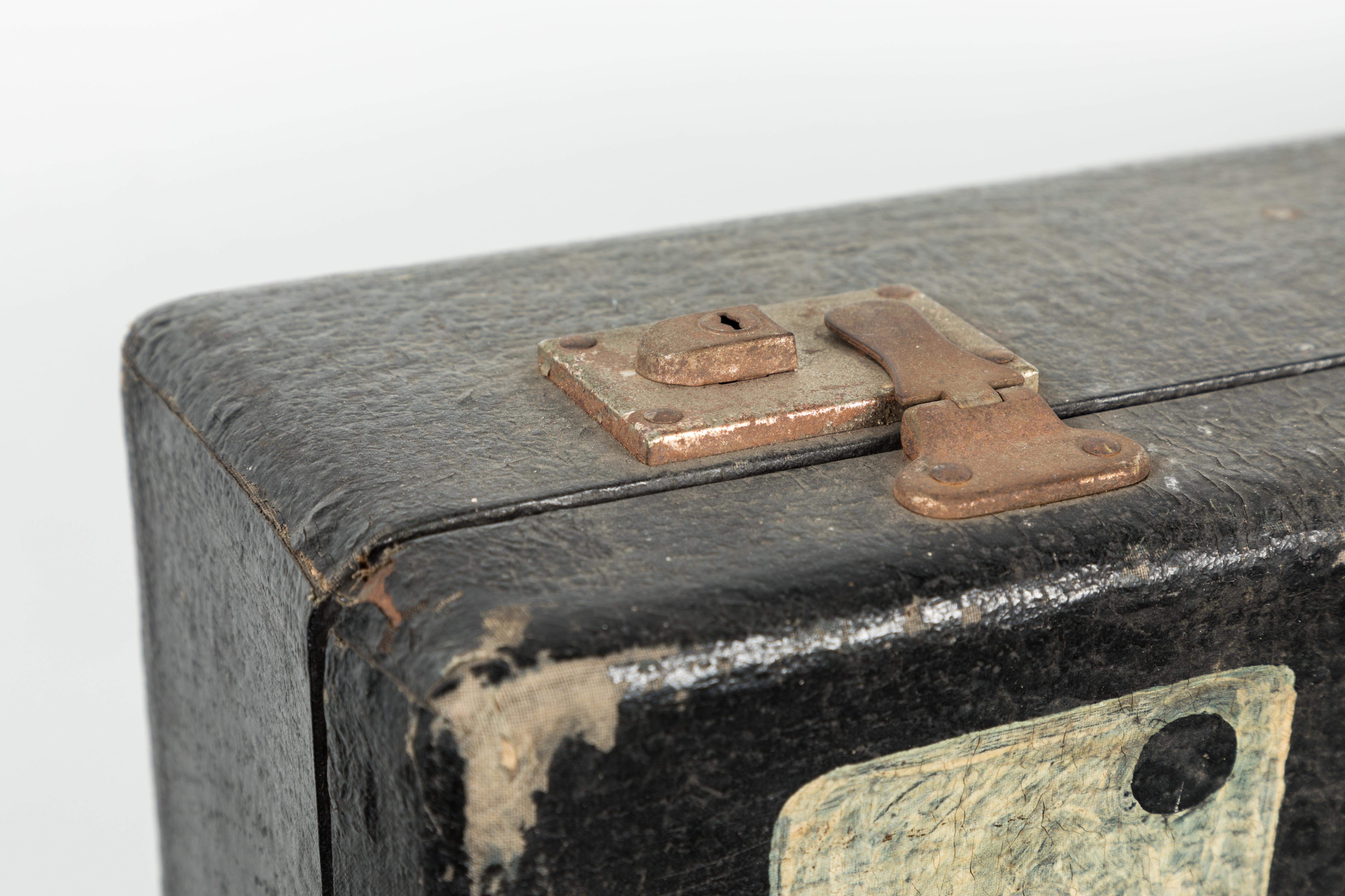 Fantastic Magician's suitcase. Hand painted and lettered. Vintage Folk Art rabbit trick and card paintings. Great bookshelf display.