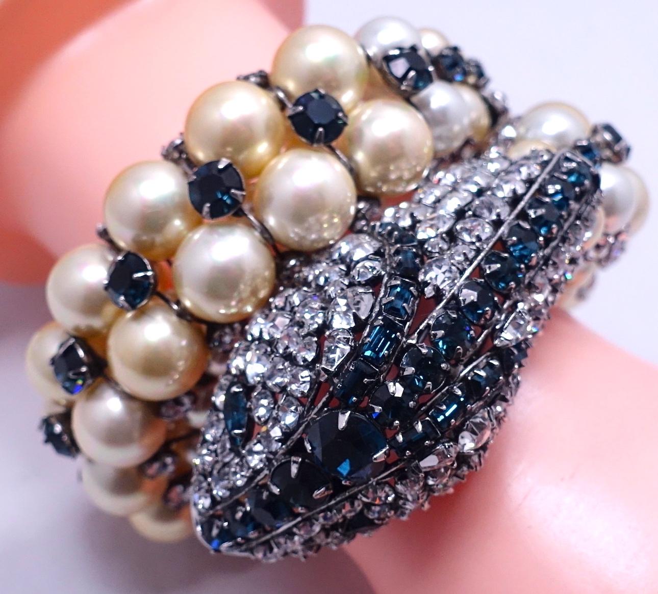 Vintage Magnificent Iradj Moini Faux Pearl & Crystal Wrap Snake Bracelet In Excellent Condition For Sale In New York, NY