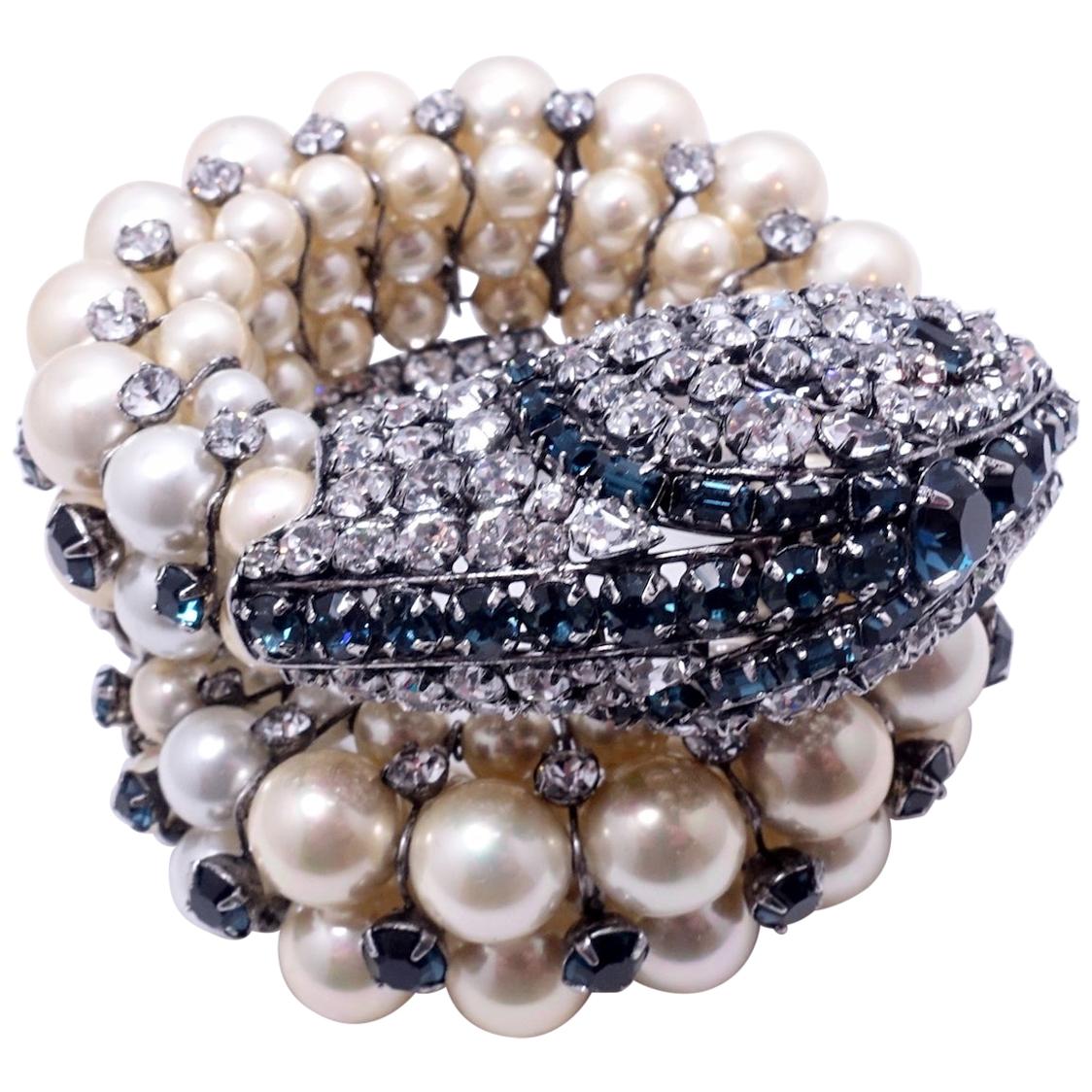 Vintage Magnificent Iradj Moini Faux Pearl & Crystal Wrap Snake Bracelet For Sale