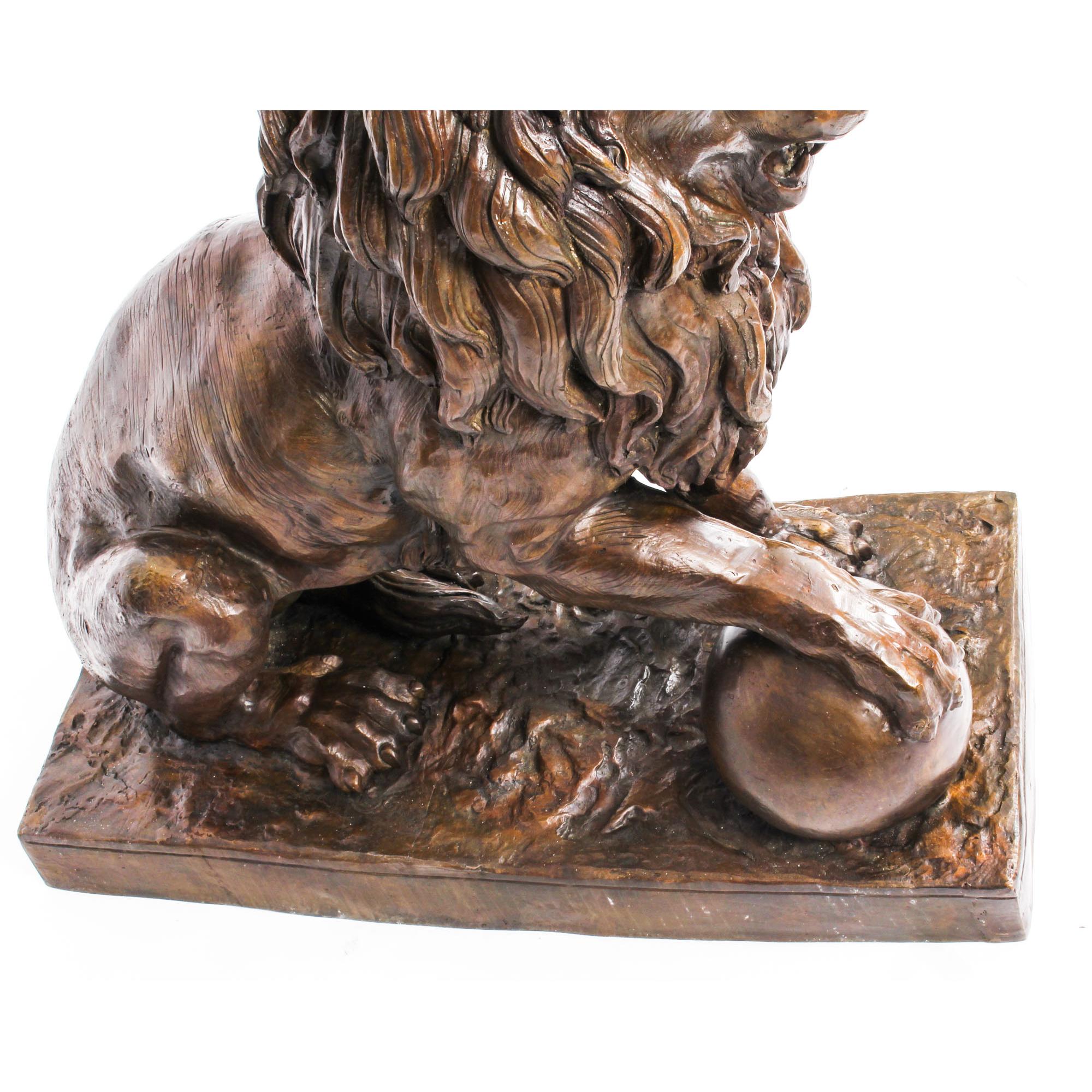 Hot Cast Bronze Lion Sculpture on Marble Base 11" x 14" 